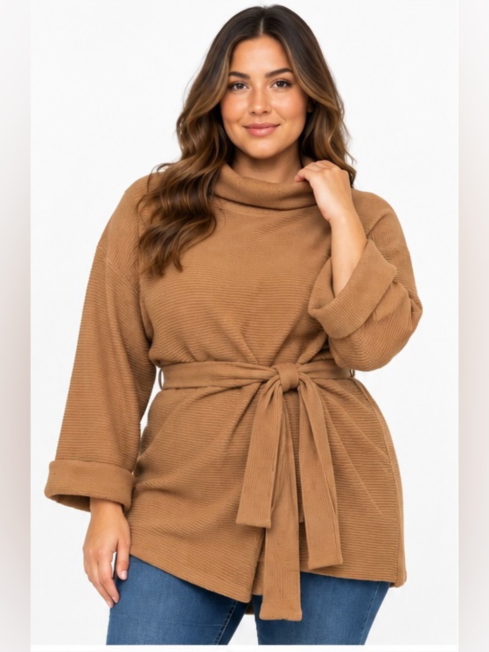 Kittenish Tan Ribbed Knit Sweater